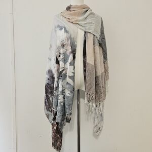 Pair of Cotton Rayon Womens Floral Block Striped Fringed Scraves Scarf Lot Set